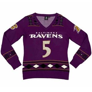 NFL Team Apparel Baltimore Ravens Joe Flacco Sweater Women’s L Sparkly Christmas